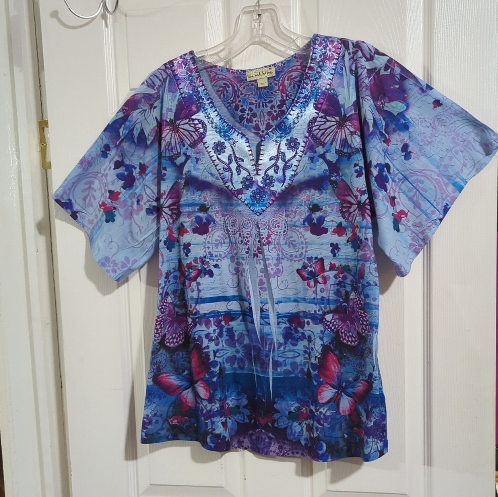Butterflies Beaded Short Sleeve Live and Let Live Size Med Top - Picture 6 of 13